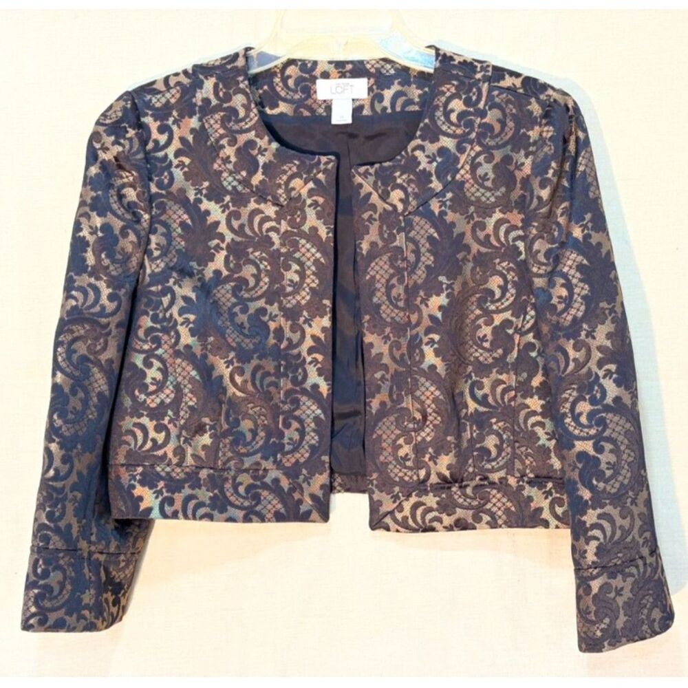 Ann Taylor Loft size 14 brocade black and gold cropped jacket